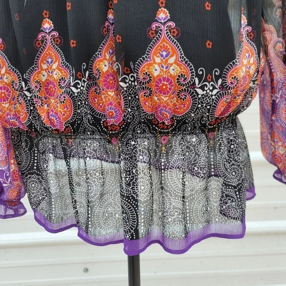 Sunny Leigh Women's Sheer Black Paisley Purple Orange Print Blouse Top Long Sz S - Picture 4 of 9